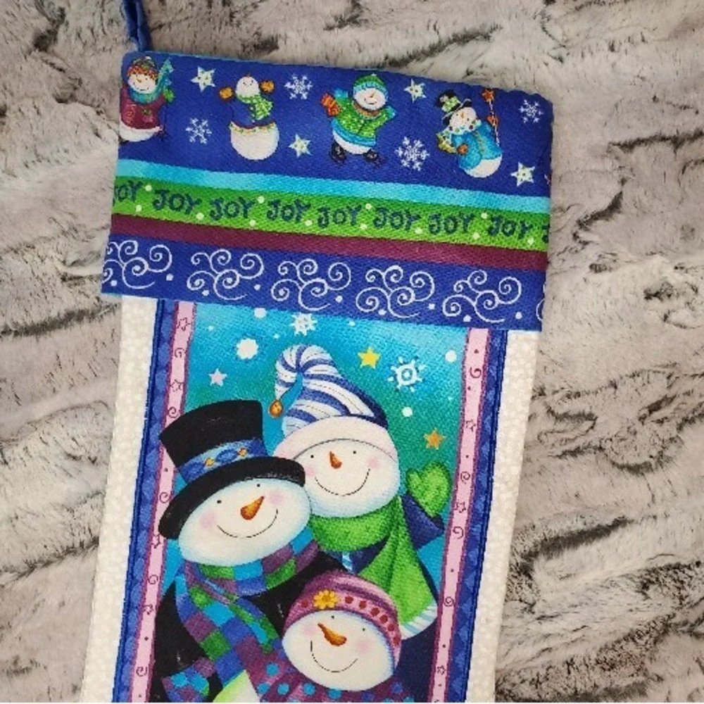 Joy Snowman Family Winter Snowflake Christmas 17 Inch Stocking Green Blue Purple